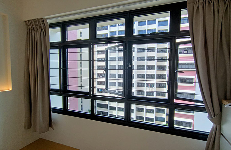 Slim window grill installation at center of window for BTO flats